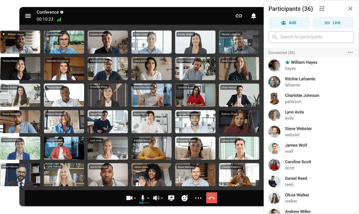 Group video conference with up to 49 participants on the screen Group video conference with up to 49 participants on the screen