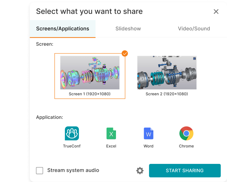 On-premise collaboration tool enabling live screen sharing, including apps