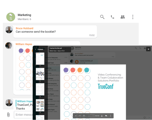 On-premise collaboration chat with shared document preview and file exchange