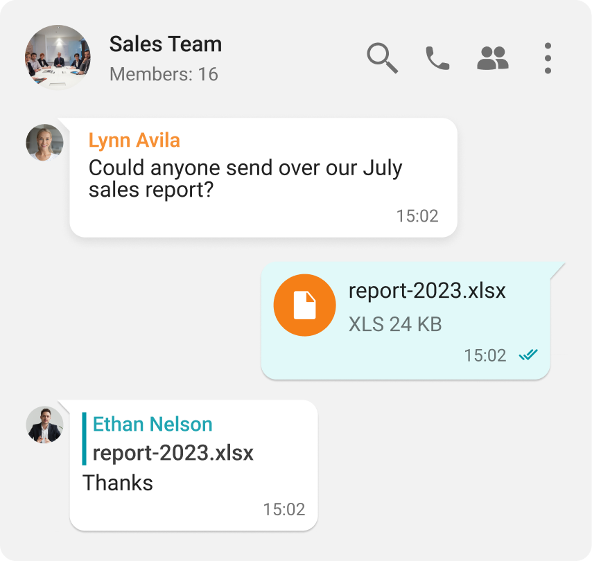 Secure on-premise chat showing a shared sales report in response to a request