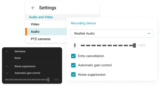 Noise suppression and echo cancellation options in an on-premise collaboration tool